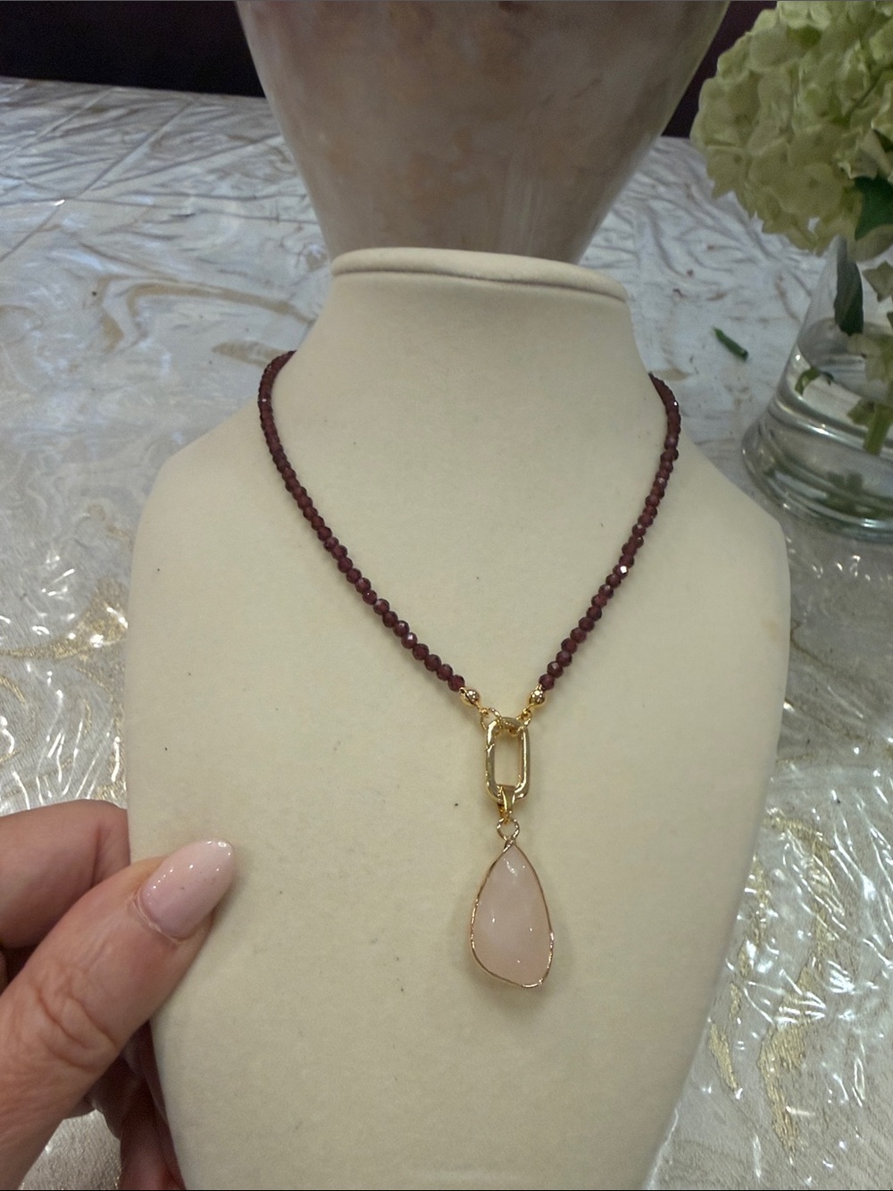 Beaded Garnet Necklace with Rose Quartz Teardrop Pendant